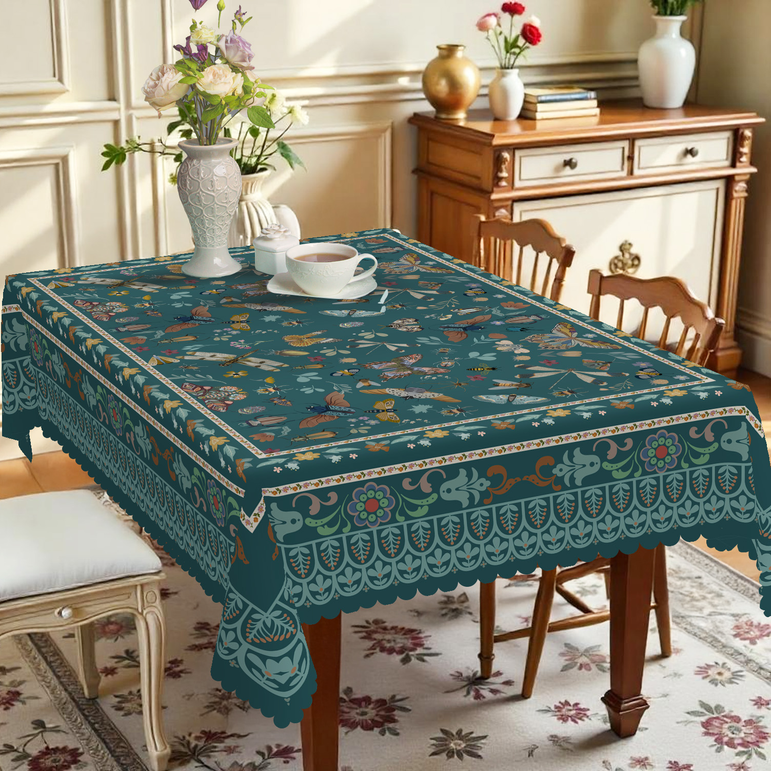 Coffee Tea Machine For Home - Vintage Bohemian Style Tablecloth, Elegant Blue